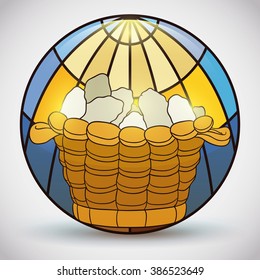 Miracle of multiplication of fishes illustrated in stained glass style rounded button.