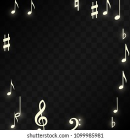 Miracle Musical Notes on Black Background. Vector Luminous Musical Symbols. 
 Many Random Falling Notes, Bass and Treble Clef.
 Jazz Background.  Abstract Black and White Vector Illustration.