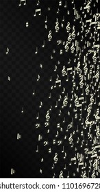 Miracle Musical Notes on Black Background. Vector Luminous Musical Symbols. 
 Many Random Falling Notes, Bass and Treble Clef.
 Magic Jazz Background.  Abstract Black and White Vector Illustration.