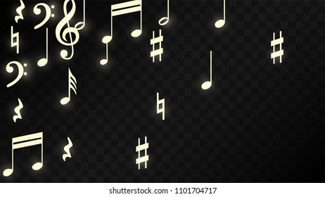 Miracle Musical Notes on Black Background. Vector Luminous Musical Symbols. 
 Many Random Falling Notes, Bass and Treble Clef.
 Magic Jazz Background.  Abstract Black and White Vector Illustration.