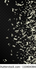 Miracle Musical Notes on Black Background. Vector Luminous Musical Symbols. 
 Many Random Falling Notes, Bass and Treble Clef.
 Jazz Background.  Abstract Black and White Vector Illustration.