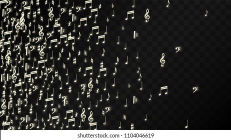 Miracle Musical Notes on Black Background. Vector Luminous Musical Symbols. 
 Many Random Falling Notes, Bass and Treble Clef.
 Jazz Background.  Abstract Black and White Vector Illustration.
