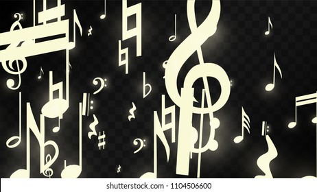 Miracle Musical Notes on Black Background. Vector Luminous Musical Symbols. 
 Many Random Falling Notes, Bass and Treble Clef.
 Jazz Background.  Abstract Black and White Vector Illustration.
