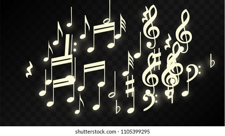 Miracle Musical Notes on Black Background. Vector Luminous Musical Symbols. 
 Many Random Falling Notes, Bass and Treble Clef.
 Jazz Background.  Abstract Black and White Vector Illustration.