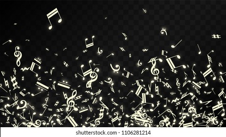 Miracle Musical Notes on Black Background. Vector Luminous Musical Symbols. 
 Many Random Falling Notes, Bass and Treble Clef.
 Magic Jazz Background.  Abstract Black and White Vector Illustration.