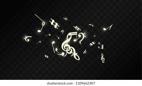 Miracle Musical Notes on Black Background. Vector Luminous Musical Symbols. 
 Many Random Falling Notes, Bass and Treble Clef.
 Magic Jazz Background.  Abstract Black and White Vector Illustration.