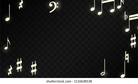 Miracle Musical Notes on Black Background. Vector Luminous Musical Symbols. 
 Many Random Falling Notes, Bass and Treble Clef.
 Magic Jazz Background.  Abstract Black and White Vector Illustration.