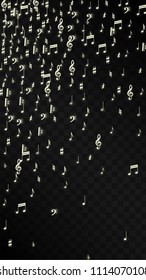 Miracle Musical Notes on Black Background. Vector Luminous Musical Symbols. 
 Many Random Falling Notes, Bass and Treble Clef.
 Jazz Background.  Abstract Black and White Vector Illustration.
