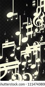 Miracle Musical Notes on Black Background. Vector Luminous Musical Symbols. 
 Many Random Falling Notes, Bass and Treble Clef.
 Magic Jazz Background.  Abstract Black and White Vector Illustration.