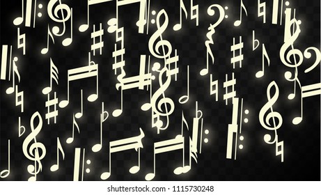 Miracle Musical Notes on Black Background. Vector Luminous Musical Symbols. 
 Many Random Falling Notes, Bass and Treble Clef.
 Magic Jazz Background.  Abstract Black and White Vector Illustration.
