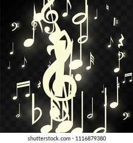 Miracle Musical Notes on Black Background. Vector Luminous Musical Symbols. 
 Many Random Falling Notes, Bass and Treble Clef.
 Magic Jazz Background.  Abstract Black and White Vector Illustration.