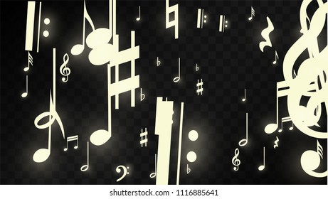 Miracle Musical Notes on Black Background. Vector Luminous Musical Symbols. 
 Many Random Falling Notes, Bass and Treble Clef.
 Magic Jazz Background.  Abstract Black and White Vector Illustration.