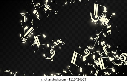 Miracle Musical Notes on Black Background. Vector Luminous Musical Symbols. 
 Many Random Falling Notes, Bass and Treble Clef.
 Jazz Background.  Abstract Black and White Vector Illustration.