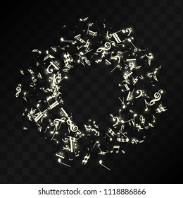 Miracle Musical Notes on Black Background. Vector Luminous Musical Symbols. 
 Many Random Falling Notes, Bass and Treble Clef.
 Magic Jazz Background.  Abstract Black and White Vector Illustration.