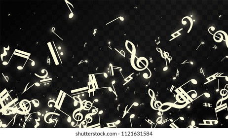 Miracle Musical Notes on Black Background. Vector Luminous Musical Symbols. 
 Many Random Falling Notes, Bass and Treble Clef.
 Jazz Background.  Abstract Black and White Vector Illustration.