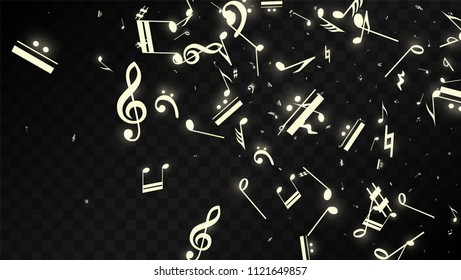 Miracle Musical Notes on Black Background. Vector Luminous Musical Symbols. 
 Many Random Falling Notes, Bass and Treble Clef.
 Jazz Background.  Abstract Black and White Vector Illustration.