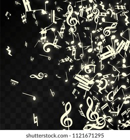 Miracle Musical Notes on Black Background. Vector Luminous Musical Symbols. 
 Many Random Falling Notes, Bass and Treble Clef.
 Magic Jazz Background.  Abstract Black and White Vector Illustration.