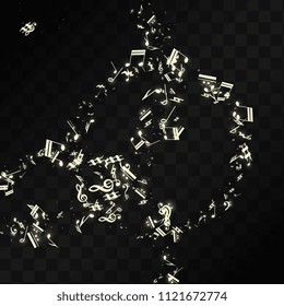 Miracle Musical Notes on Black Background. Vector Luminous Musical Symbols. 
 Many Random Falling Notes, Bass and Treble Clef.
 Magic Jazz Background.  Abstract Black and White Vector Illustration.