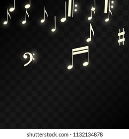 Miracle Musical Notes on Black Background. Vector Luminous Musical Symbols. 
 Many Random Falling Notes, Bass and Treble Clef.
 Magic Jazz Background.  Abstract Black and White Vector Illustration.