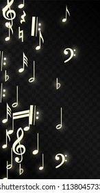 Miracle Musical Notes on Black Background. Vector Luminous Musical Symbols. 
 Many Random Falling Notes, Bass and Treble Clef.
 Magic Jazz Background.  Abstract Black and White Vector Illustration.