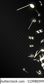 Miracle Musical Notes on Black Background. Vector Luminous Musical Symbols. 
 Many Random Falling Notes, Bass and Treble Clef.
 Jazz Background.  Abstract Black and White Vector Illustration.