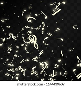 Miracle Musical Notes on Black Background. Vector Luminous Musical Symbols. 
 Many Random Falling Notes, Bass and Treble Clef.
 Jazz Background.  Abstract Black and White Vector Illustration.