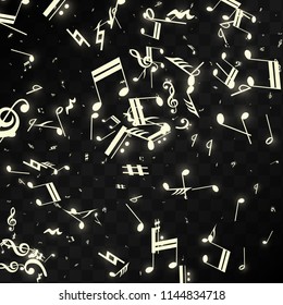 Miracle Musical Notes on Black Background. Vector Luminous Musical Symbols. 
 Many Random Falling Notes, Bass and Treble Clef.
 Magic Jazz Background.  Abstract Black and White Vector Illustration.