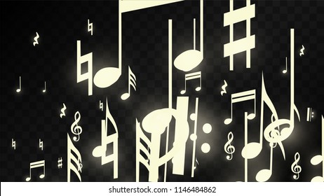 Miracle Musical Notes on Black Background. Vector Luminous Musical Symbols. 
 Many Random Falling Notes, Bass and Treble Clef.
 Magic Jazz Background.  Abstract Black and White Vector Illustration.