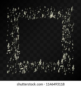 Miracle Musical Notes on Black Background. Vector Luminous Musical Symbols. 
 Many Random Falling Notes, Bass and Treble Clef.
 Magic Jazz Background.  Abstract Black and White Vector Illustration.