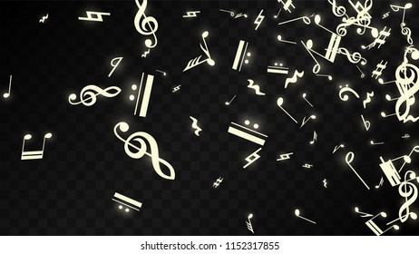 Miracle Musical Notes on Black Background. Vector Luminous Musical Symbols. 
 Many Random Falling Notes, Bass and Treble Clef.
 Magic Jazz Background.  Abstract Black and White Vector Illustration.