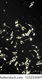 Miracle Musical Notes on Black Background. Vector Luminous Musical Symbols. 
 Many Random Falling Notes, Bass and Treble Clef.
 Magic Jazz Background.  Abstract Black and White Vector Illustration.