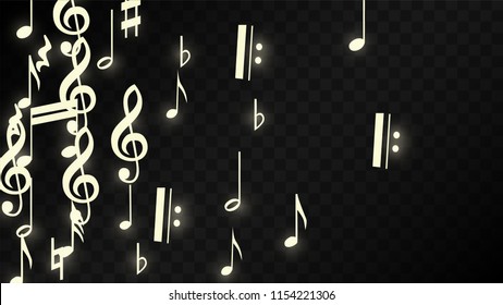 Miracle Musical Notes on Black Background. Vector Luminous Musical Symbols. 
 Many Random Falling Notes, Bass and Treble Clef.
 Magic Jazz Background.  Abstract Black and White Vector Illustration.