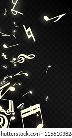 Miracle Musical Notes on Black Background. Vector Luminous Musical Symbols. 
 Many Random Falling Notes, Bass and Treble Clef.
 Jazz Background.  Abstract Black and White Vector Illustration.
