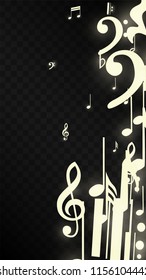 Miracle Musical Notes on Black Background. Vector Luminous Musical Symbols.  Many Random Falling Notes, Bass and Treble Clef. Abstract Black and White Vector Illustration.