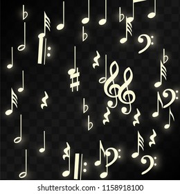 Miracle Musical Notes on Black Background. Vector Luminous Musical Symbols. 
 Many Random Falling Notes, Bass and Treble Clef.
 Magic Jazz Background.  Abstract Black and White Vector Illustration.