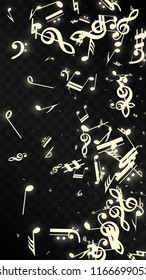 Miracle Musical Notes on Black Background. Vector Luminous Musical Symbols. 
 Many Random Falling Notes, Bass and Treble Clef.
 Magic Jazz Background.  Abstract Black and White Vector Illustration.