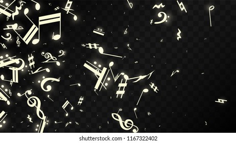 Miracle Musical Notes on Black Background. Vector Luminous Musical Symbols. 
 Many Random Falling Notes, Bass and Treble Clef.
 Magic Jazz Background.  Abstract Black and White Vector Illustration.