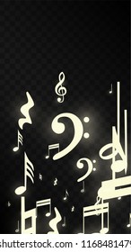 Miracle Musical Notes on Black Background. Vector Luminous Musical Symbols. 
 Many Random Falling Notes, Bass and Treble Clef.
 Magic Jazz Background.  Abstract Black and White Vector Illustration.