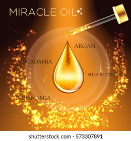 Miracle Oil Serum Essence 3D Droplet, Golden Cosmetics Ads Template
