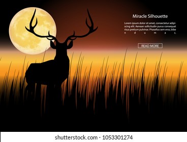 Miracle of silhouette, Deer silhouetted with sunset timing background between full moon in field at evening time, Eps 10 vector