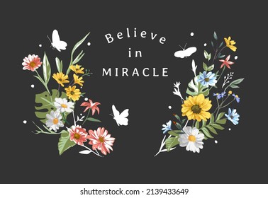 miracle slogan with colorful flower wreath on black background