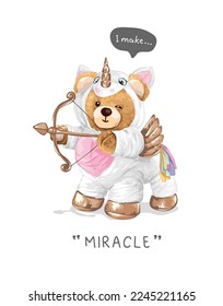 miracle slogan with cute bear doll in unicorn costume and golden bow vector ilustration