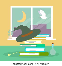 Miracle stuff compositions concept book stack sorcery hat white owl and flask flat vector illustration. Floor ceiling window, night city background. Spell material magic wand cozy room place.