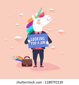 The miracle unicorn candidate vacancy concept. Looking for a job. Unicorn Hunting. Vector colorful illustration in flat design style 