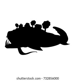 Miracle yudo fish whale silhouette fairytale fantasy.  Vector illustration.