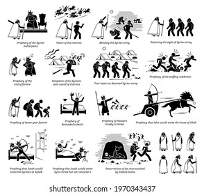Miracles by prophet Elisha in Christian bible biblical God story from the Old Testament. Vector illustrations list of miracles done by prophet Elisha part 2 of 2.