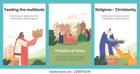 Milagros de Jesucristo descritos en carteles de la Biblia. Multiplicación de cinco palos y dos caracteres de peces. Compartir comida con los creyentes. Caricatura Personas Vectoras Ilustración, afiches religiosos