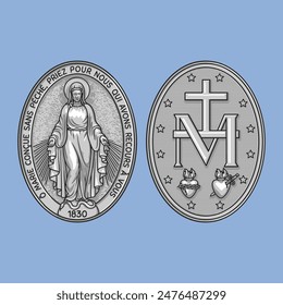 Miraculous Medal of Our Lady of Grace Colored Vector Illustration. Translation of the text in French: O Mary, conceived without sin, pray for us who have recourse to you