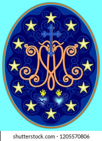 Miraculous medal of Our Lady, monogram M with symbols of hearts, surrounded by stars