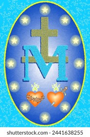 Miraculous medal of Our Lady, symbols of two hearts, Cross, and twelve stars